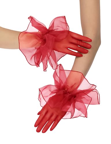 Womens Short Mesh Gloves with Ruffles - Sheer Lace Gloves for 1920s Costume Opera Party & Dance Red
