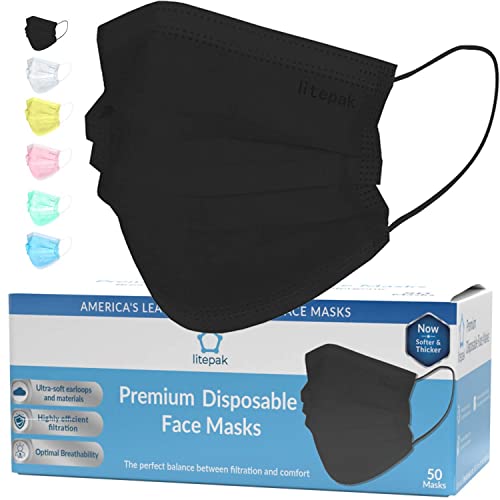 Image of Litepak 2000pcs Disposable Face Masks Black 3-Ply Adult Mask Nose Wire Protection - Breathable Protective Face Covering