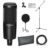 Audio-Technica AT2020 Cardioid Condenser Microphone Bundle with Pop Filter + XLR Cable + Microphone Stand + Microfiber Cleaning Cloth (5 Items)