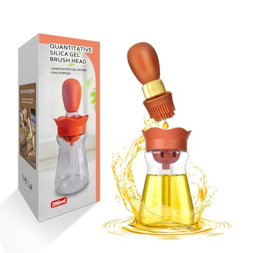 BENTFINE Oil Dispenser Bottle with Silicone Brush, 200ML 2 in 1 Silicone Dropper Measuring Oil Dispenser Bottle for Kitchen Cooking, Frying, Baking, BBQ Pancake, Air Fryer, Marinating - Orange