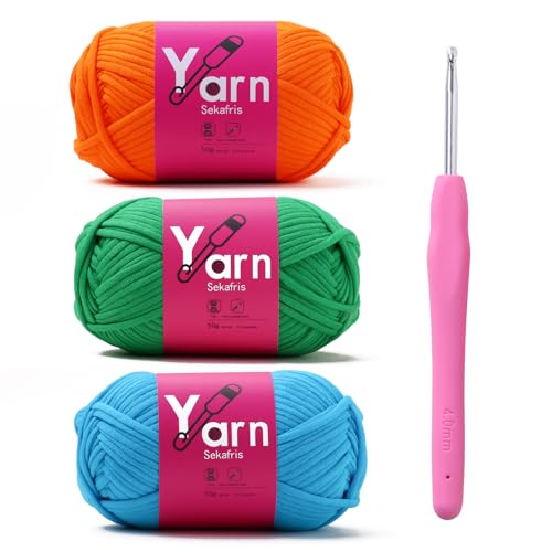 Image of Crochet Yarn with Cotton Yarn for Crocheting - Crochet Knitting Yarn for Beginners with Easy-to-See Stitches - Yarn for Crocheting - Chunky Yarn(Orange Peel+Christmas Green+Lake Blue)