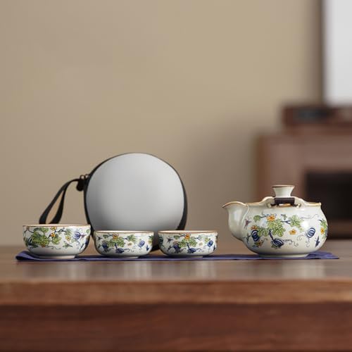 KUSIKIKA 携帯茶器セット 200ml急須+湯のみ3客 陶器 ティーセット コンパクト 旅行用 コンパクト収納バッグ付き 中国茶器 ギフト対応 (グリーン, Aタイプ)