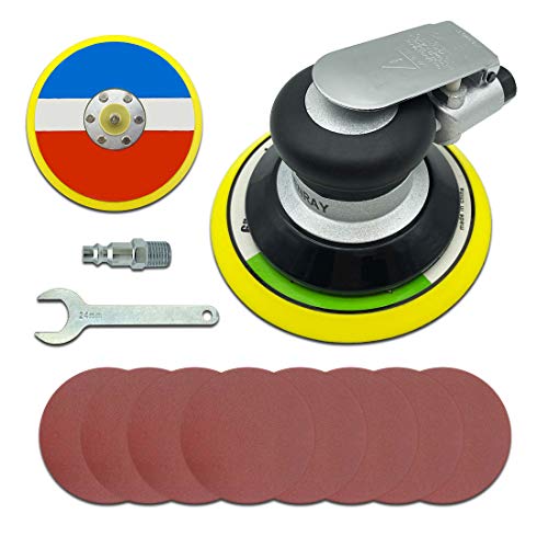 Top Rated Senray Professional Air Random Orbital Palm Sander, 6-Inch Heavy Duty Dual Action Pneumatic Sander with 1pc Spare Plate, 8Pcs Sandpapers