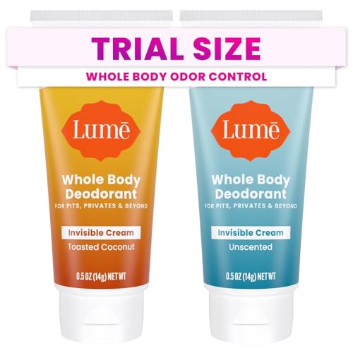 Lume Whole Body Deodorant - Mini Travel Size Invisible Cream Tube - Trial Size - 72 Hour Odor Control - Doctor Developed - Aluminum and Baking Soda Free - .5oz (Pack of 2)(Toasted Coconut & Unscented)