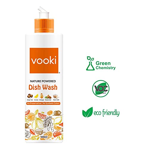 Vooki Eco-Friendly Nature-Powered Dishwash Liquid with Soapnut, Lemon, Tamarind, Orange Peel & Rock Salt, Tough on Grease and Stains, Soft on Hands – 500ml (Pack of 2)