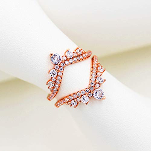 Uloveido 925 Sterling Silver Round CZ Crown Wedding Engagement Ring Guard Enhancer 2pcs V-shape Stack Rings Set Y10274