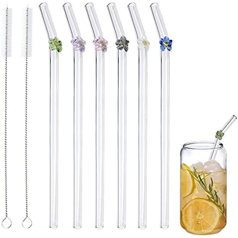 Glass Straws Reusable Bent Glass Straws Shatter Resistant Curved Straws Design with Colorful Flowers Perfect for Smoothies Tea Juice Coffee Milkshakes (6 Curved + 2 Brushes) (A) Cover