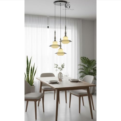 Image of Luxury 3-Head UFO Dome Pendant Light|Smoke Glass & Frosted Cube Inner Shade|Modern Hanging Light for Living Room, Dining Table & Kitchen Island