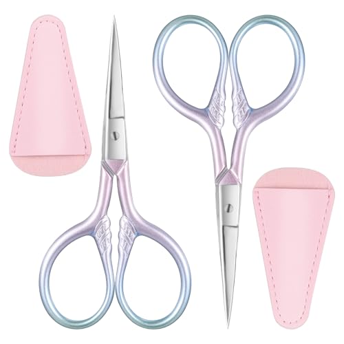 Qianyu 2 Pcs Eyebrow Scissors Professional Stainless Steel Small Shears Grooming Scissors Women Straight Tip Snips Beauty Scissor with PU Sheath for Facial Nose Hair Eyelashes Mustache Beard Trimming