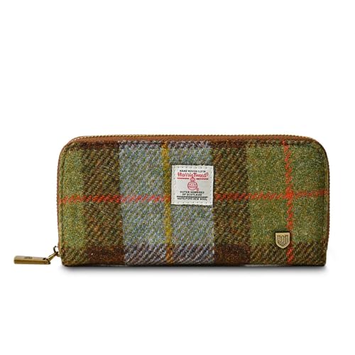Islander HarrisTweed & PU Leather women’s long zip purse, Chestnut and Blue Tartan, Carry Cash & card, Scottish Style