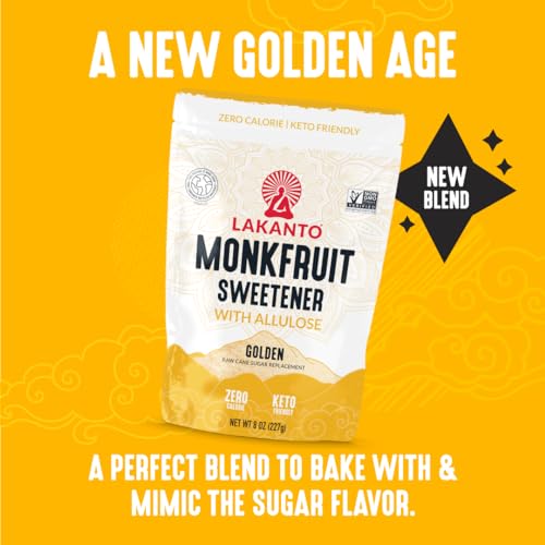 Lakanto Golden Monk Fruit Sweetener With Allulose, Raw Cane Sugar Substitute, Monk Fruit Extract, Raw Sugar Replacement for Baking, Coffee & Tea, Gluten Free, Low Carb, Non GMO, Keto, 8 OZ Bag