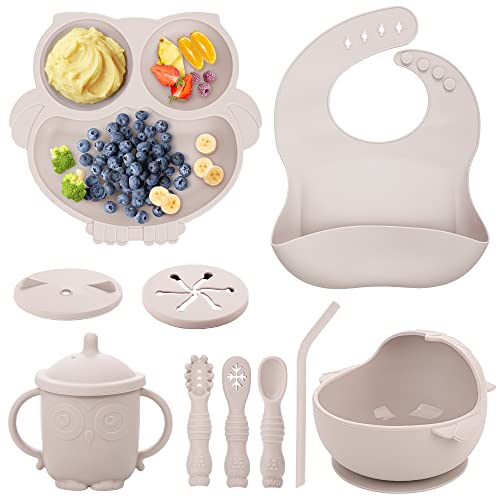 Baby Weaning Set, Silicone Baby Feeding Set(10 Pcs), Toddler Weaning Set with Adjustable Bib, Suction Bowl, Plate, Fork, Spoon, Water & Snack Cup Kit for Babies, Toddler and Kids