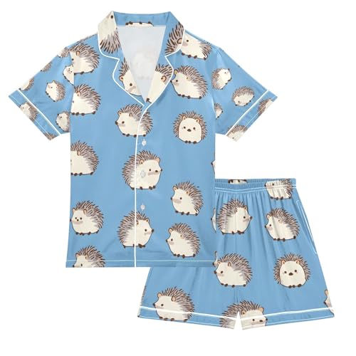 senya Gray Cute Hedgehog Blue Satin Summer Pajama Sets Silk Short Sleeve Button Down Sleepwear