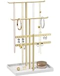 Jewelry Stand Organizer, 32cm Tall Sturdy Metal, 3-Tier Jewelry Holder for Necklace, Earring, Bracelet, Ring, Hanger for Display and Storage, Aesthetic Room Decor, Gold Jewlery Stand with White Tray