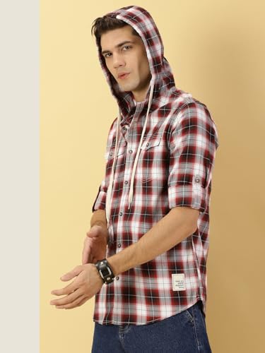 Image of Thomas Scott Men's | Checks | Full Sleeve | Regular Fit | 100% Cotton | Hooded | Casual Shirt