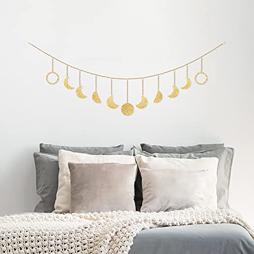 Luxspire Luna Decoración Colgante en Pared, Hecho a Mano Detallando Boho Original, Decorativos de la Luna Arte en Habitación de Boda, Hogar, Oficina, Cuarto de Guardería y Dormitorio - Oro
