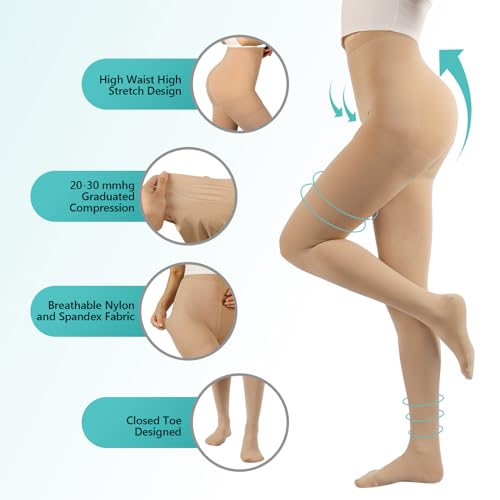 Image of Compression Pantyhose Stockings for Women Men, 20-30 mmHg | Medical Graduated Support Toe Hose Tights for Varicose Veins, Edema, Dvt, Opaque, Closed Toe