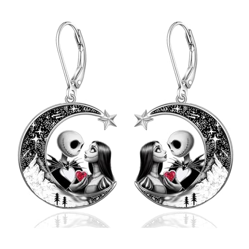 Nightmare Earrings 925 Sterling Silver Jack and Sally Dangle Earrings Black Moon Christmas Jewelry Gifts for Women