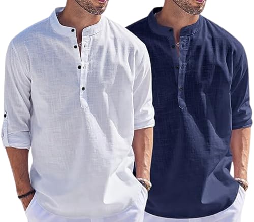 Image of Men's Cotton Blend Straight Kurta Shirt Combo with Mandarin Collar - Slim Fit Casual Short Kurti Set Featuring Textured Slub Fabric and Roll-Up Full Sleeves