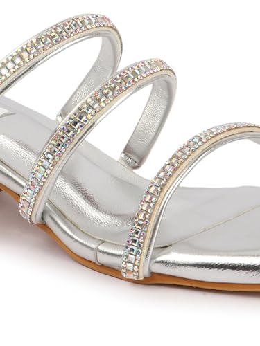 Image of ELLE women's Square Toe Block heel Slip-On sandal with Embellished Strap