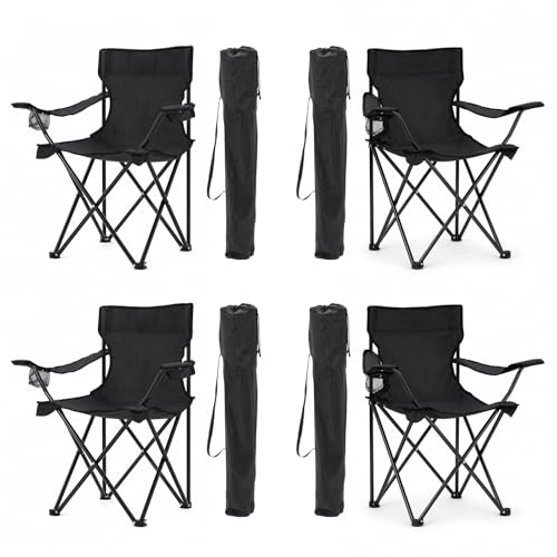 CAMPNEX 4-Pack Folding Camping Chairs for Adults, Lightweight & Portable with Stable Support, Cup Holder & Armrests, No Assembly for Beach, Lawn, Picnic & Outdoor Events (Black)