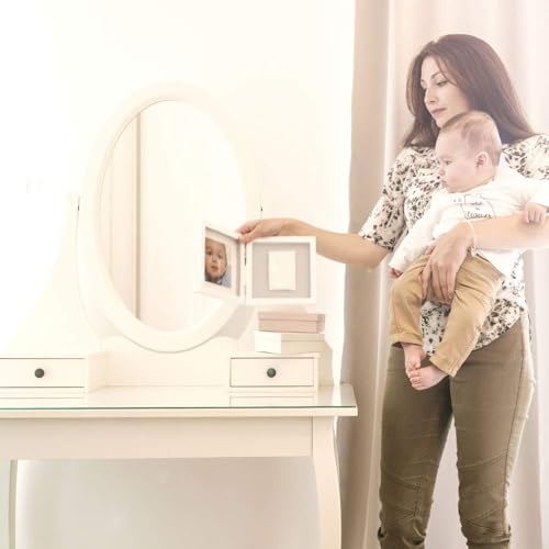 Baby Art Bilderrahmen, zweiteiliger Fotorahmen mit Gipsabdruck für Baby Fußabdruck oder Handabdruck, schönes Erinnerung Andenken oder Geschenk, Maße: 20 x 34 x 17 cm & eckig, Grau