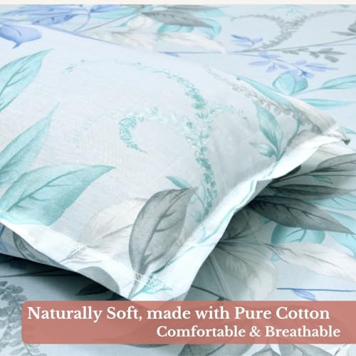 Image of Jaipur Weaves Double Bed Cotton Bedsheet Queen Size 90x100, 100% Pure Cotton Bed Sheet with 2 Pillow Covers, 240 TC Soft Breathable Floral Design - (Aqua Floral, Queen)