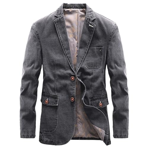 Men Casual Denim Suit Blazer 2 Button Business Vintage Jean Suit Jacket Cowboy Travel Blazer Sport Coat