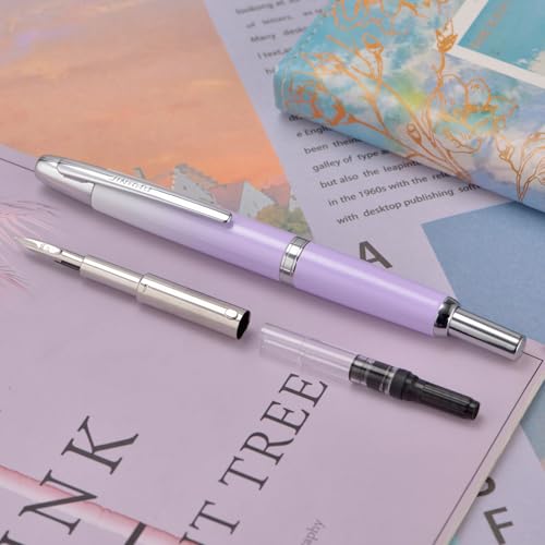 Image of Jinhao 10 Press Fountain Pen with Box, Gradient Light Purple Retractable Extra Fine Nib with Ink Converter Set (Silver Clip)