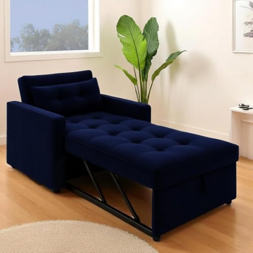 Image of FURNY Tressa 1 Seater Fabric Pull-Out Sofa Cum Bed (Dark Blue Color) - Premium Velvet Finish - Durable Comfort - Ideal for Living Room