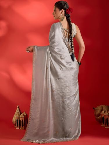 Image of AKHILAM Women's Shimmer Pure Georgette Embroidered Ready To Wear one Minute Saree With Unstitched Blouse Piece