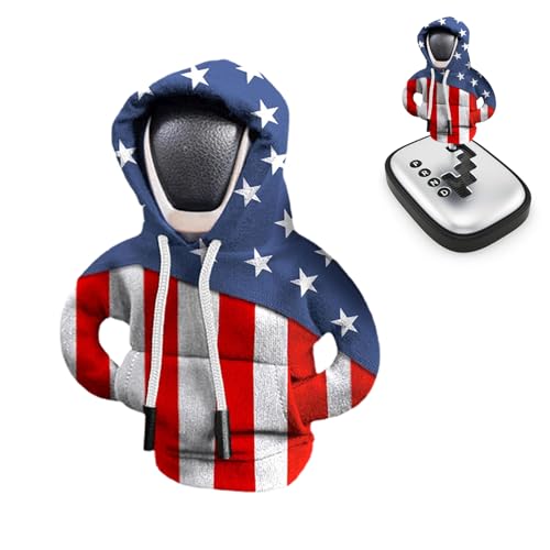 車のシフトノブカバー、車のシフトパーカーカバー、面白い車のギアレバーカバー、フード付きアメリカ国旗パターン装飾シフター カバー、ソフトパーカーセーターギアシフトノブカバー