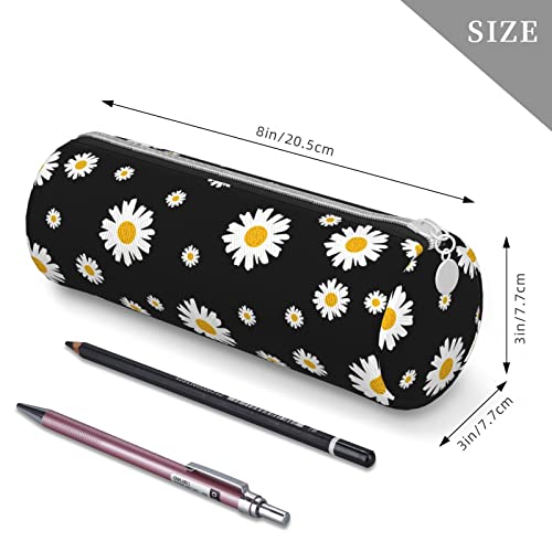 Image of White Yellow Daisy Flower Black Leather Pencil Case Zipper Pen Makeup Cosmetic Holder Pouch Stationery Bag for School Work Office