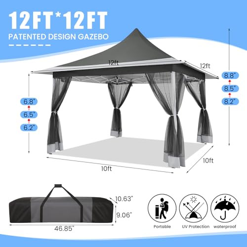 Image of COBIZI 12x12 Pop up Canopy Gazebo on Clearance, Outdoor Canopy Tent with Mosquito Netting & Sandbags,Patio Portable Gazebo for Garden,Backyard & Lawn,Darkgrey
