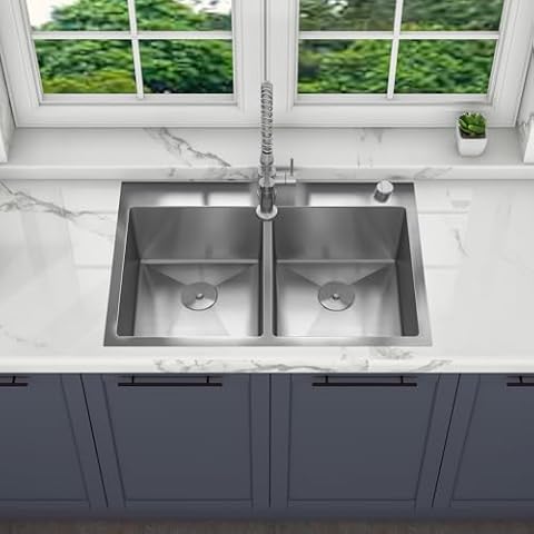 Sinber 33" x 22" x 9" Drop In Double Bowl Kitchen Sink with 18 Gauge 304 Stainless Steel Satin Finish HT3322D-9-S (Sink Only) Cover