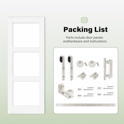 Image of 30 inch x 80 inch Presembled Barn Door with 72 inch Track Kit, Top Frosted Glass Bottom MDF Solid Core Panel Sliding Barn Doors for Closet Kitchen Bedroom Pantry, Nickel-Plated Hardware Kit, Easy to Install