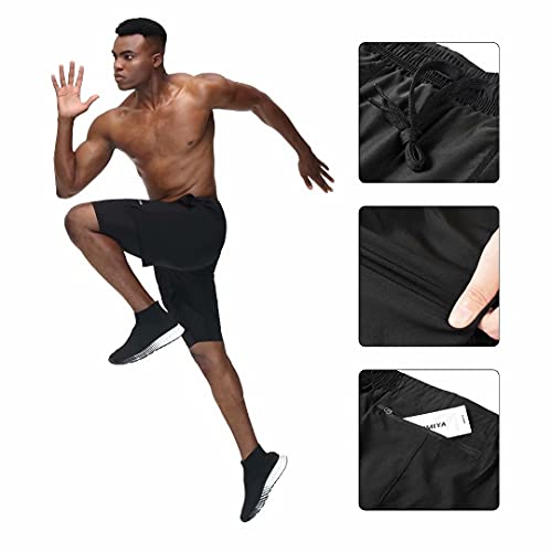 Foto von HMIYA Herren 2 in 1 Shorts Fitness Sporthose Kurz Jogginghose Schnelltrocknende Laufhose mit Kompressionsshorts und Taschen Reißverschlussfach(Schwarz,EU-L/US-M)