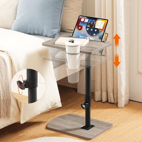 HOOBRO C-Form Beistelltisch Höhenverstellbar von 45,5-78 cm, 360° drehbarer Sofatisch mit Getränkehalter und Steckplatz, unter Sofa oder Bett verschiebbar, Greige und Schwarz EBG34SF01