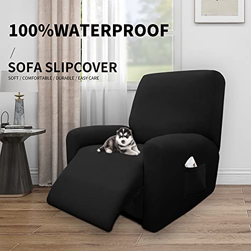 Image of Easy-Going 4 Pieces Waterproof Recliner Chair Slipcover Washable | Stretch Soft Couch Cover for Dogs, Sofa Slipcover for Recliner Couch Furniture Protector for Kids, Pets Black