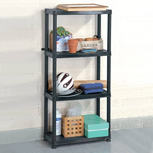 Molumvel Estantería de almacenamiento con 4 niveles, de plástico negro, 61 x 30,5 x 130 cm, estable para cargas pesadas para sótano, garaje, hogar y trastero, ahorra espacio