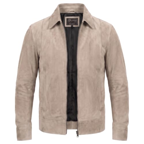 Image of Mens Polo Collar Zipper Suede Shirts Long Sleeve Shacket Suede Trucker Jacket Real Suede Leather Shirt