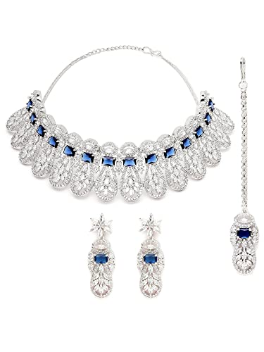 Image of Karatcart Silver Tone Green American Diamond Studded Necklace Set
