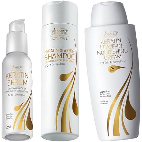 Vitamins Hair Care Kit: Keratin Leave-In Serum, Nourishing Shampoo, and Ultra Hydrating No Rinse Cream for Dry, Damaged, Thin Hair - Heat Protectant Anti-Frizz Formula Cover