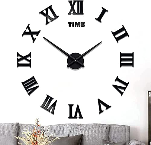 Cooltto Moderne Mute DIY Grand Pendule Murale 3D Mirror Stickers Horloge Montre Murale Big Watches Home Office Décoration Amovible (Batterie Non Inclus) - Chiffres Romains - Noir Cover