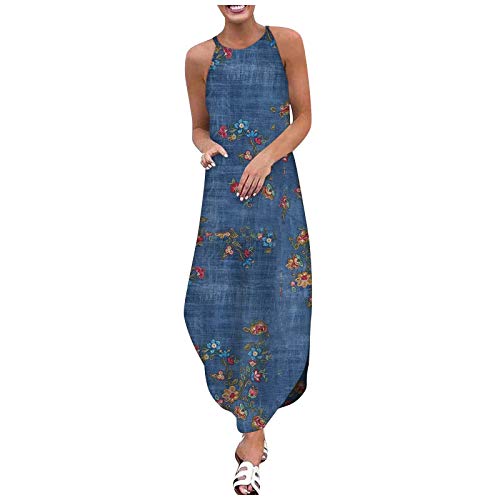 Preisvergleich Produktbild Maxikleid Blumenmuster Strandkleid Freizeitkleid KIMODO Damen Elegant Baumwolle Leinen Sommerkleid Große Größe Ärmellos Lockerer Lange Rock Kleider in Ethno Stil (F-Blau, L)