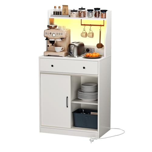 Ztexkee Aparador Cocina Mueble Auxiliar de Cocina Armario Buffet con Enchufe y LED, Mueble Microondas Cocina para Sala de Comedor Salón(Blanco, 70 x 40 x 134 cm)