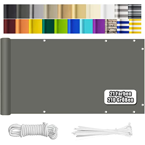 HERILIOS Balkon Sichtschutz,90X400CM Balkonabdeckung 220 g/m² Innen Balkonverkleidung UV-Schutz (210Größen&21Farben) Ohne Bohren mit Ösen Kabelbinder und Kordel für Balkongeländer Terrasse, Grau