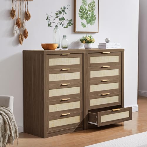 5 Drawer Dresser, Rattan Dresser for Bedroom with 5 Storage Drawers, Tall Dresser Chest of Drawers for Closet Bedside, Living Room Hallway, Special Walnut