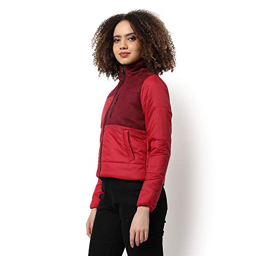 Image of Campus Sutra Women Red & Maroon Puffer Regular Fit Bomber Jacket For Winter Wear | Standing Collar | Full Sleeve | Zipper | Casual Jacket For Woman & Girl | Western Stylish Jacket For Women