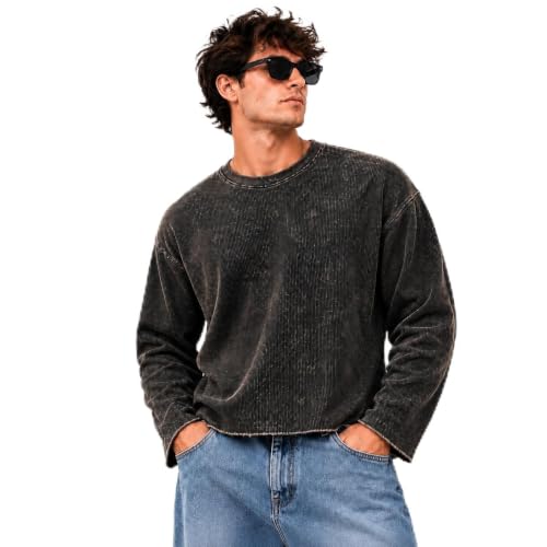 Buy Men's Oversized Washed T-Shirt L Size Black | Unisex Boxy Fit, Cropped Tee, Waffle Knit, Streetwear Fashion Top, Trendy Loose Fit at Amazon.in - Image 2